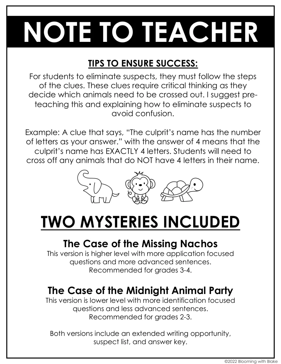 Note to teacher: tips for teaching students to eliminate suspects from clues, and a summary of the two mysteries included