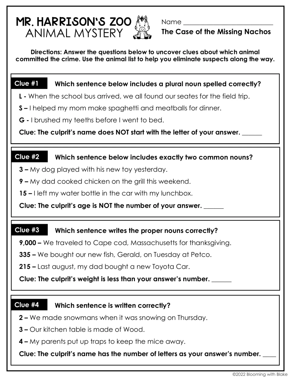 Clues 1 to 4 on plural nouns, common nouns, proper nouns and correct sentences: students pick an answer to narrow suspects