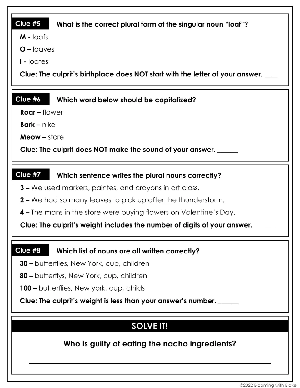 Clues 5 to 8 on plural forms, capitalization and noun lists, ending with a Solve It! line to name the guilty animal
