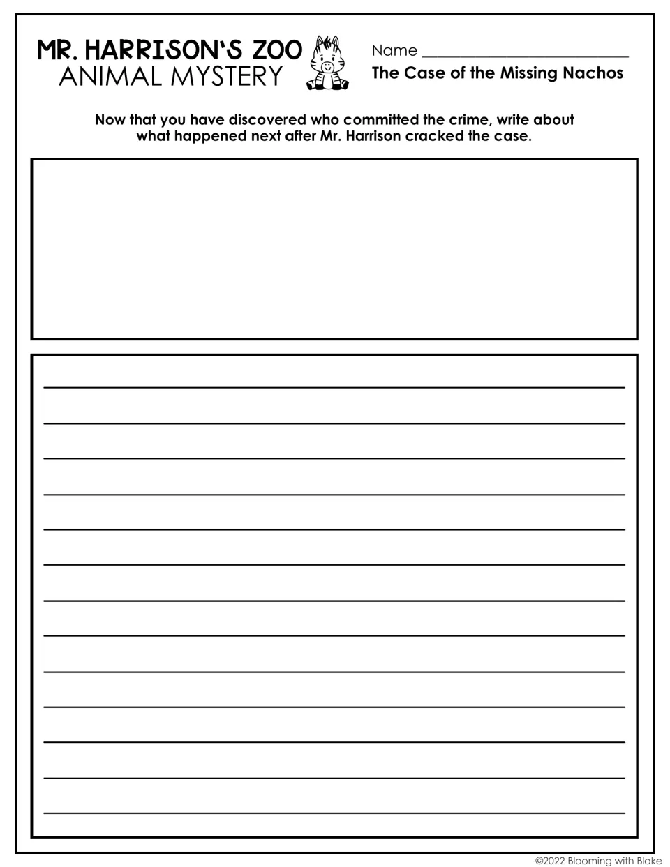 Extended writing prompt: students write about what happened next after Mr. Harrison cracked the case