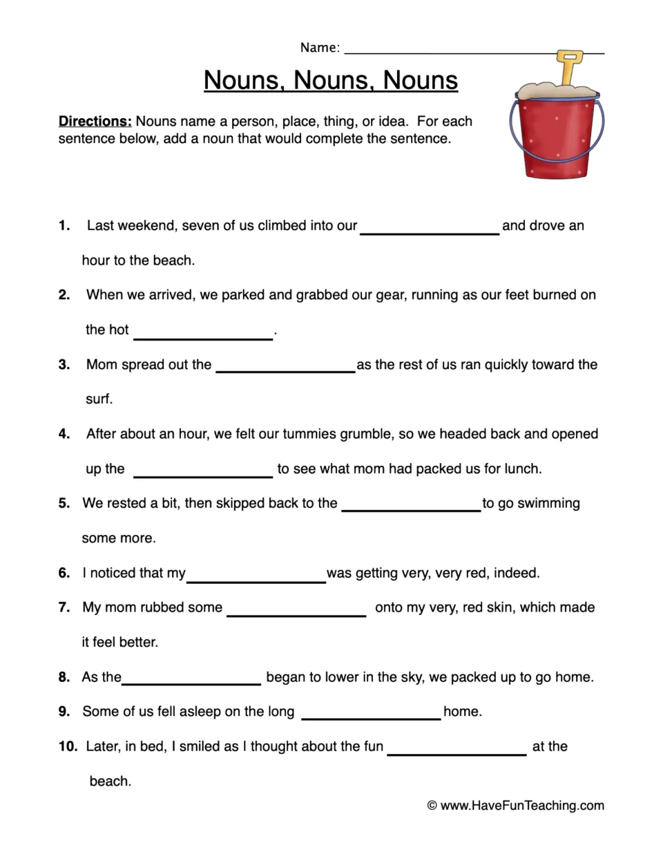 Noun practice: complete 10 sentences about a family beach trip by adding a noun to each blank.