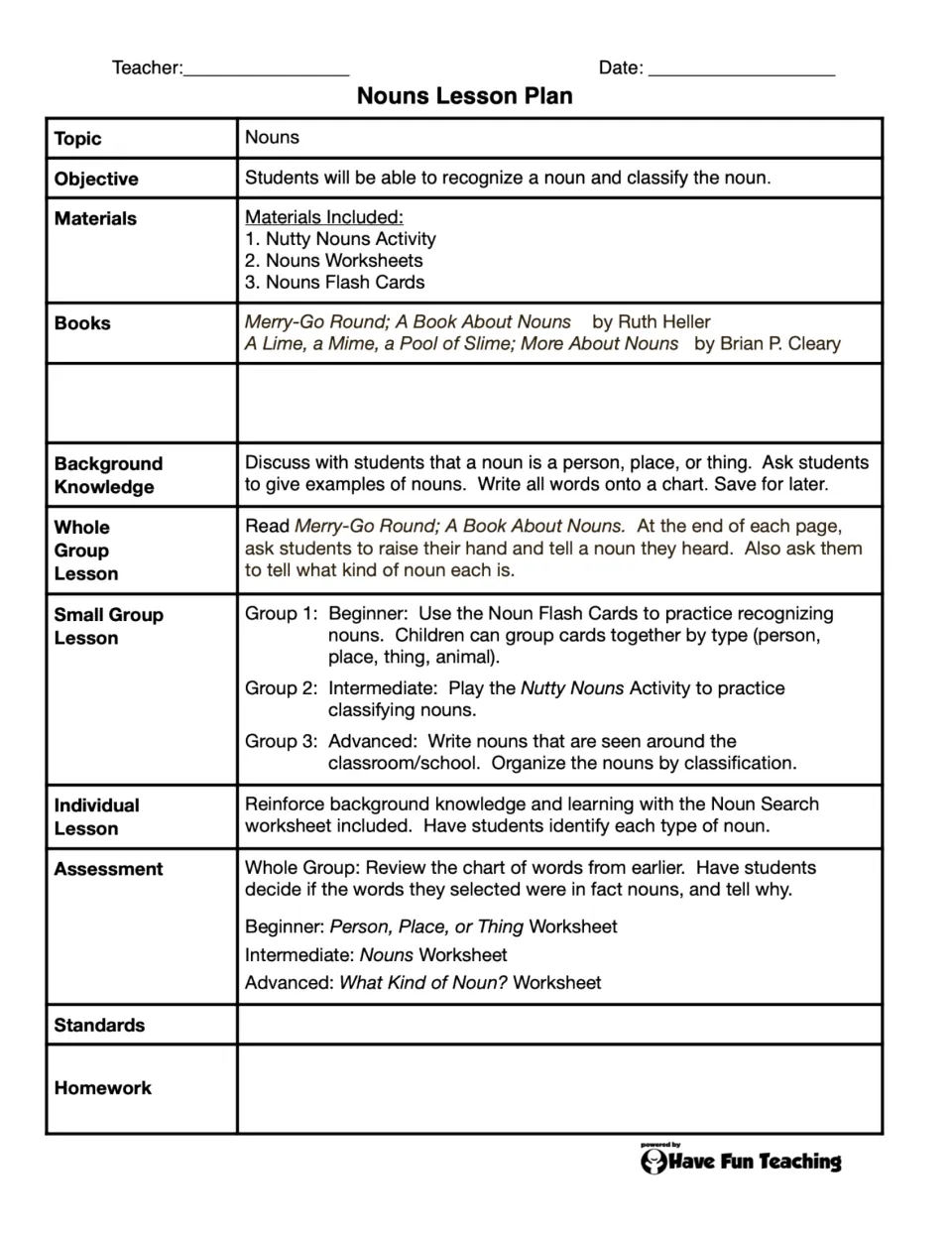 Nouns Lesson Plan outlining noun recognition and classification, group lessons, individual practice, and assessment