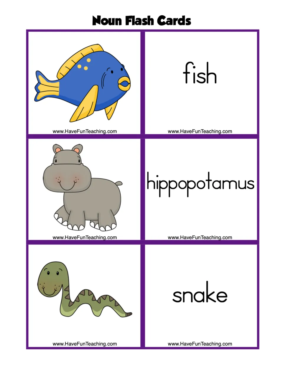 Noun flashcard sheet 1: three picture cards and matching word cards for fish, hippopotamus, and snake