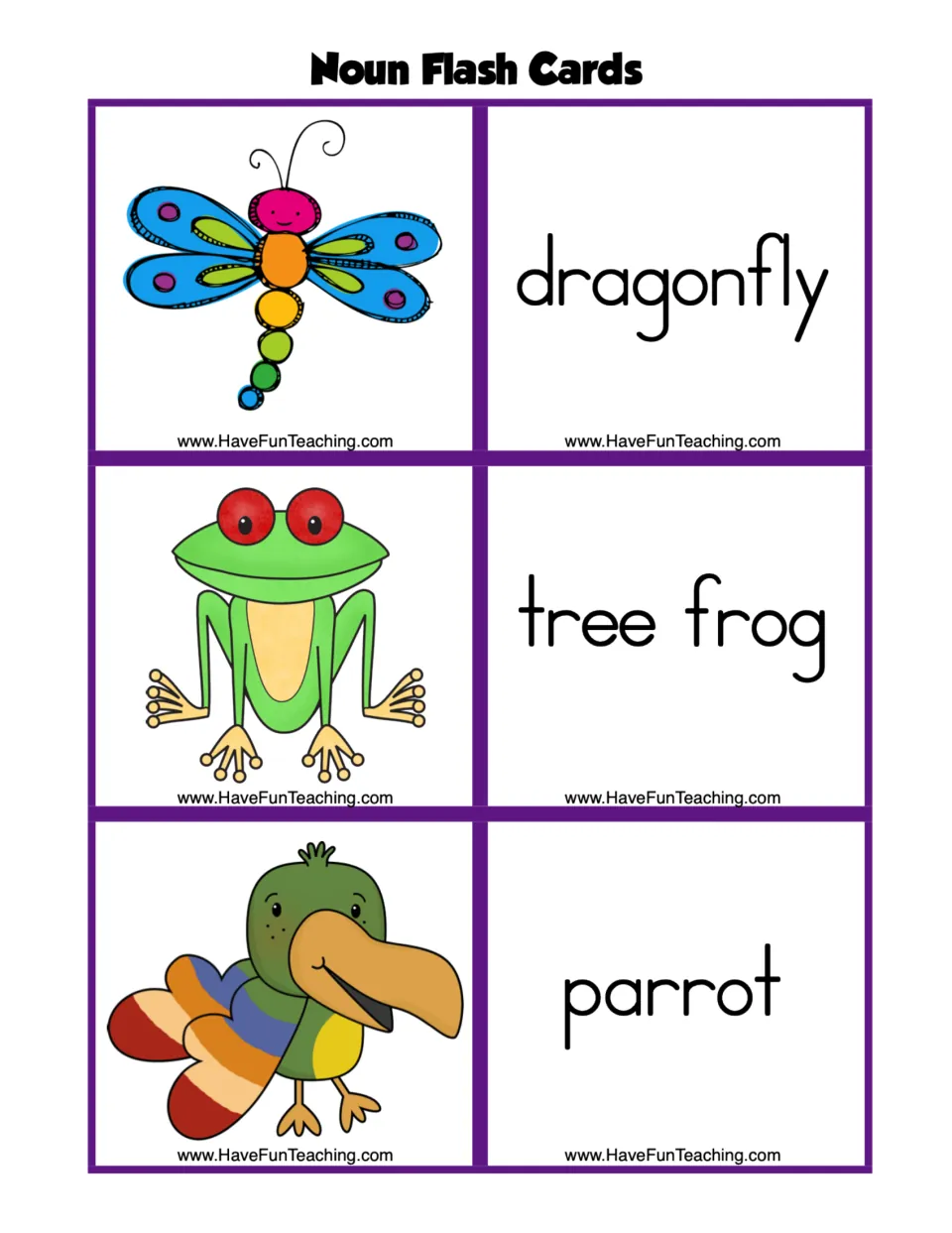 Noun flashcard sheet 2: three picture cards and matching word cards for dragonfly, tree frog, and parrot