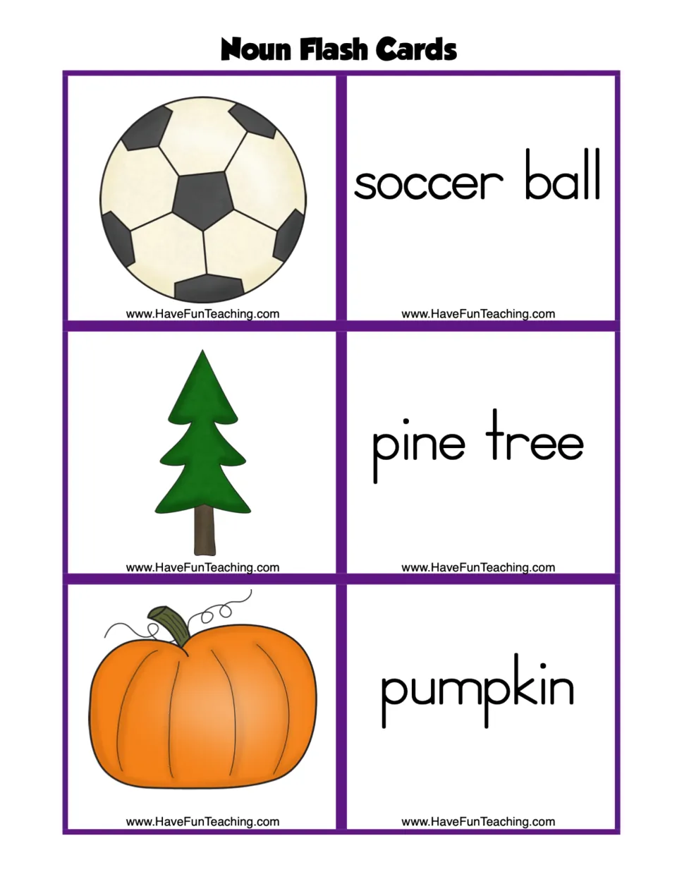 Noun flashcard sheet 3: three picture cards and matching word cards for soccer ball, pine tree, and pumpkin