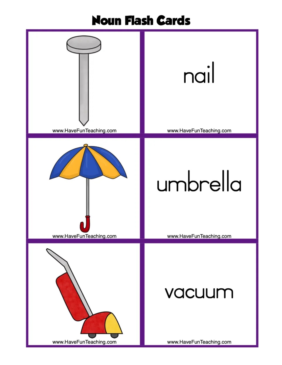 Noun flashcard sheet 4: three picture cards and matching word cards for nail, umbrella, and vacuum