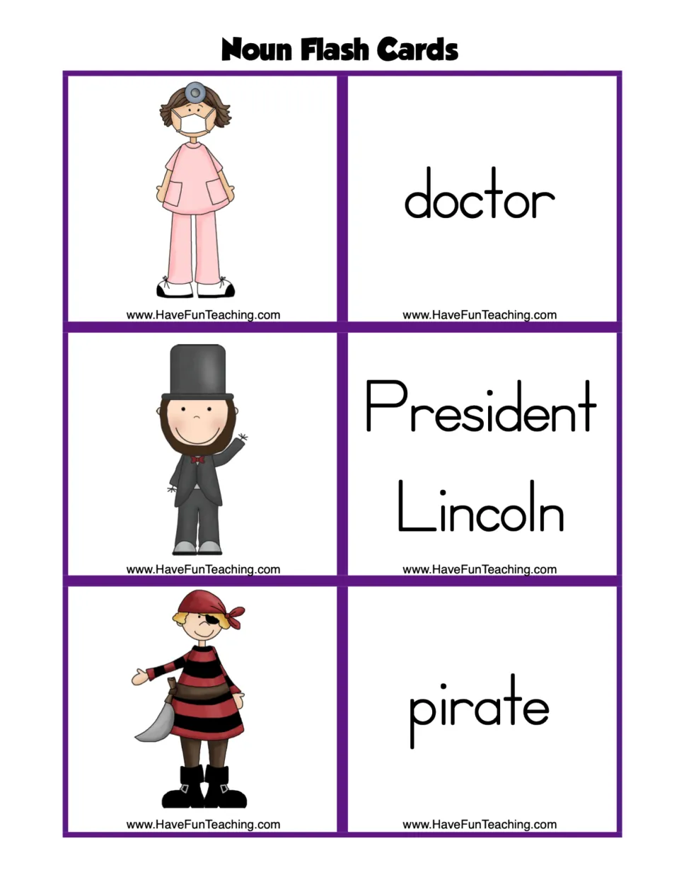 Noun flashcard sheet 5: three picture cards and matching word cards for doctor, President Lincoln, and pirate