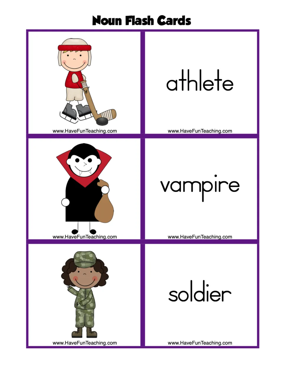 Noun flashcard sheet 6: three picture cards and matching word cards for athlete, vampire, and soldier