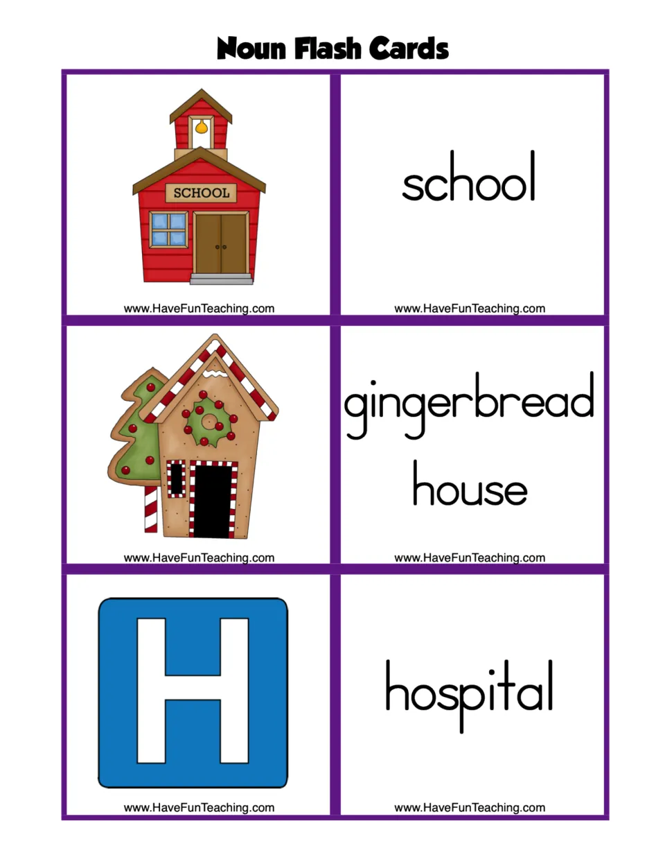 Noun flashcard sheet 7: three picture cards and matching word cards for school, gingerbread house, and hospital