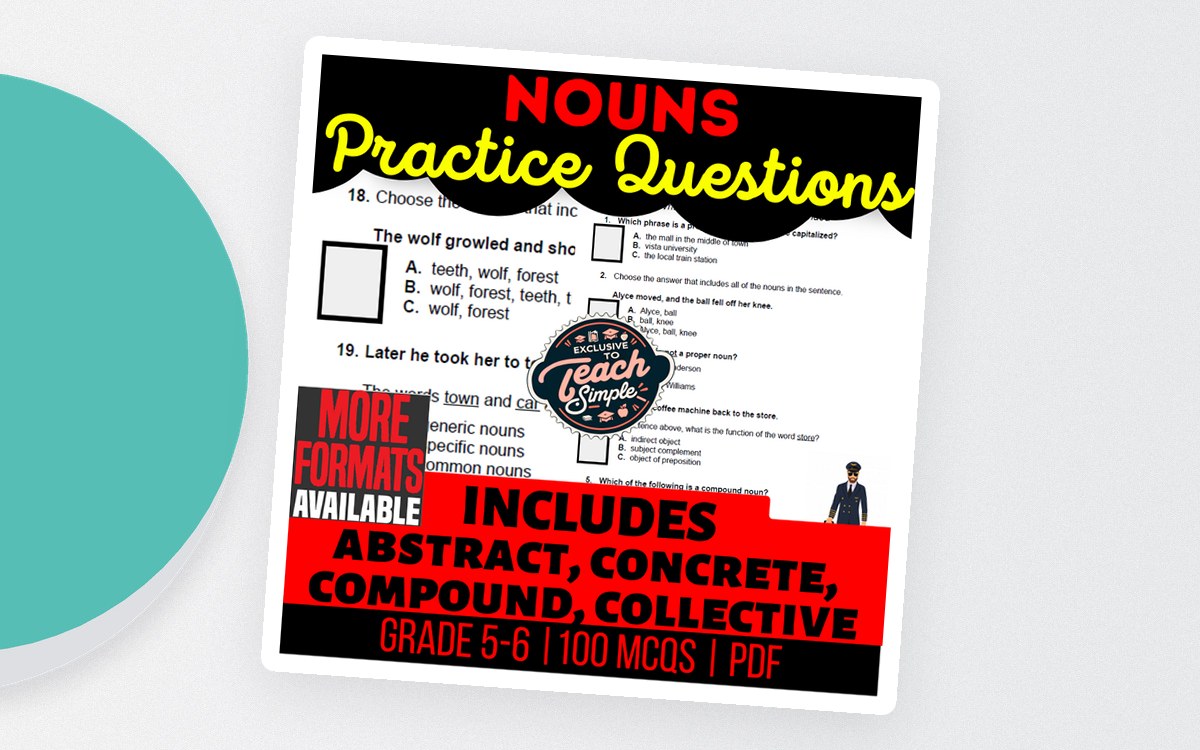 Black and red Nouns Practice Questions cover with multiple-choice previews and text advertising abstract, concrete, compound, collective, Grades 5–6, and one hundred questions.
