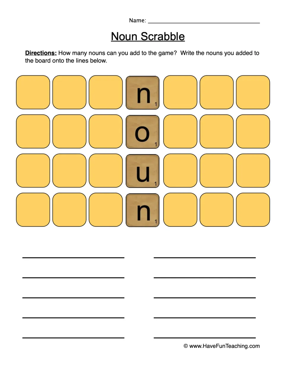 Noun Scrabble: students build nouns across the letter tiles spelling N-O-U-N, then write each noun they added on the lines