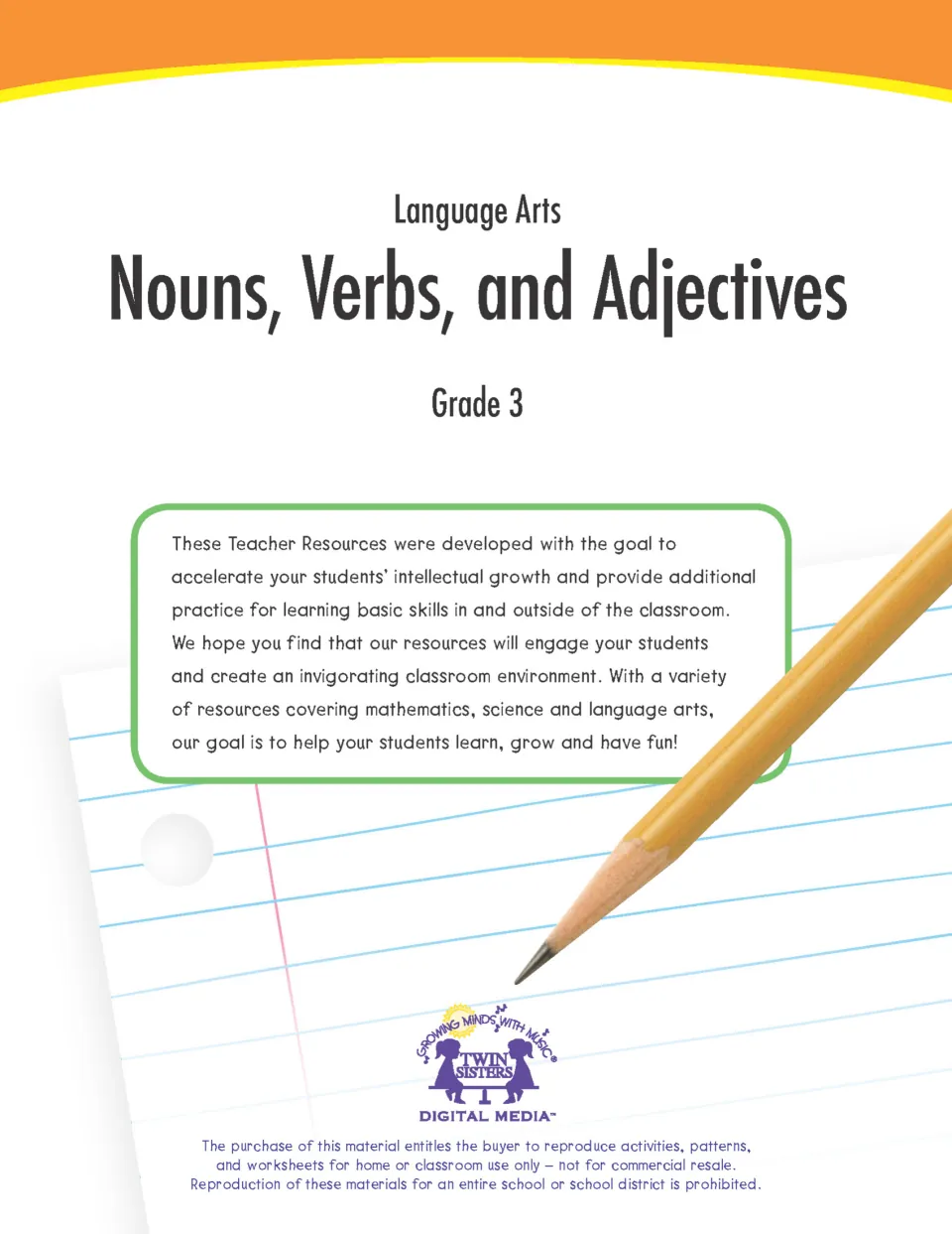 Cover of Language Arts: Nouns, Verbs, and Adjectives, Grade 3, by Twin Sisters, with a teacher note and copying terms