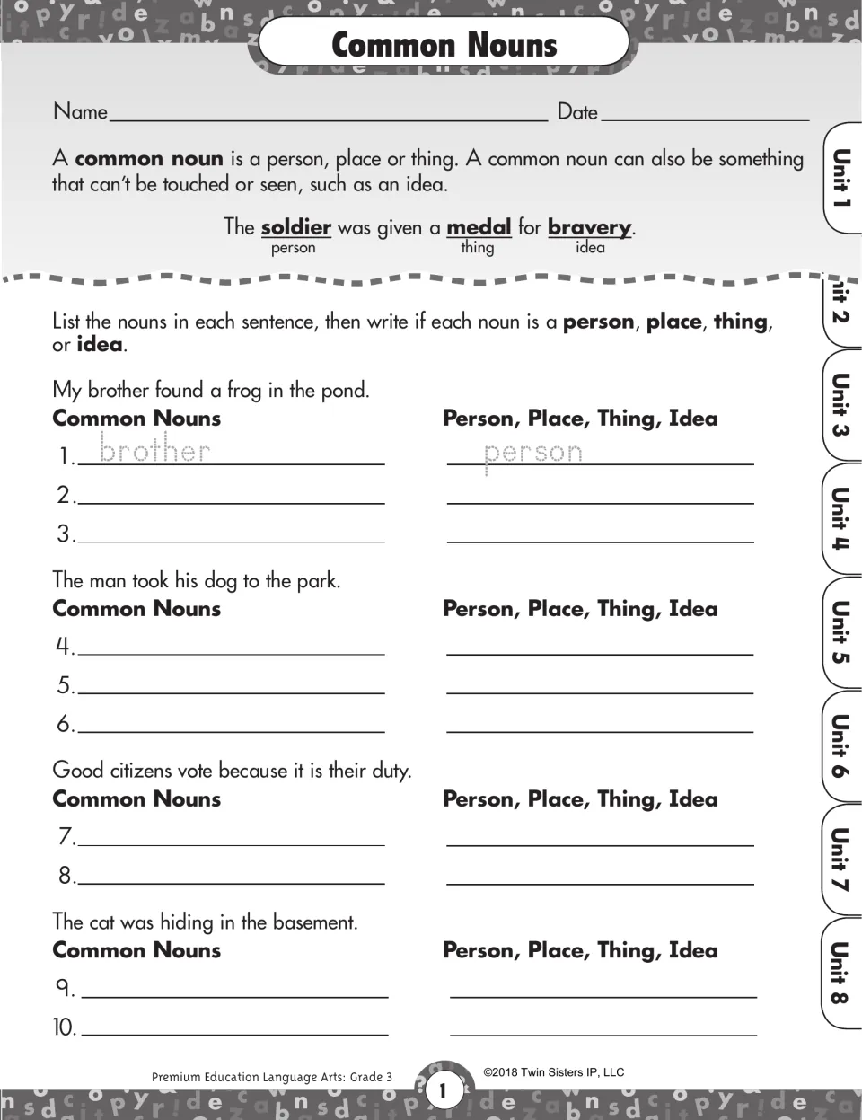 Common nouns: students list the nouns in four sentences and label each one a person, place, thing or idea
