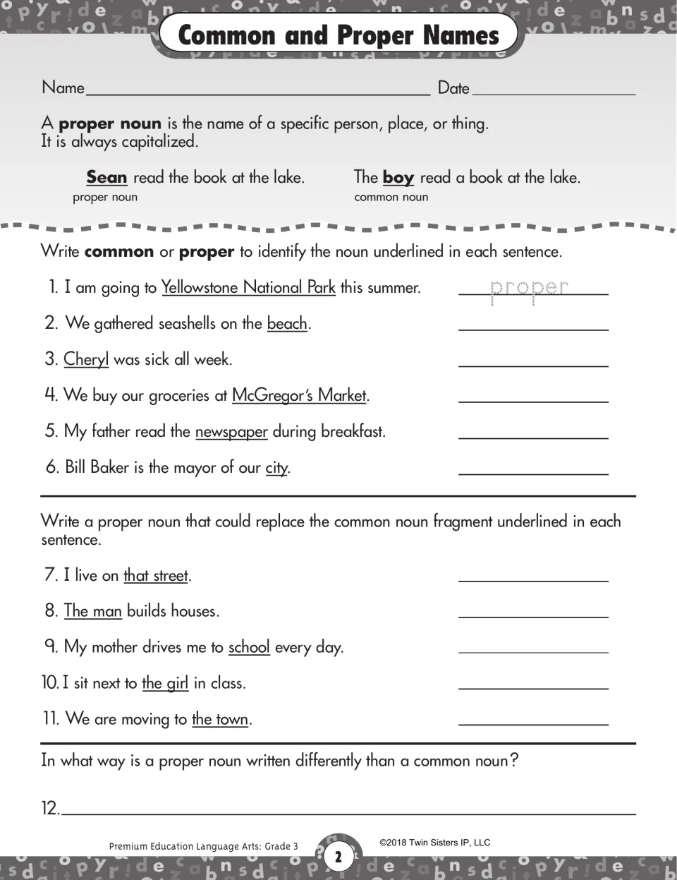 Common and proper nouns: students label underlined nouns, swap common nouns for proper ones and explain capitalization