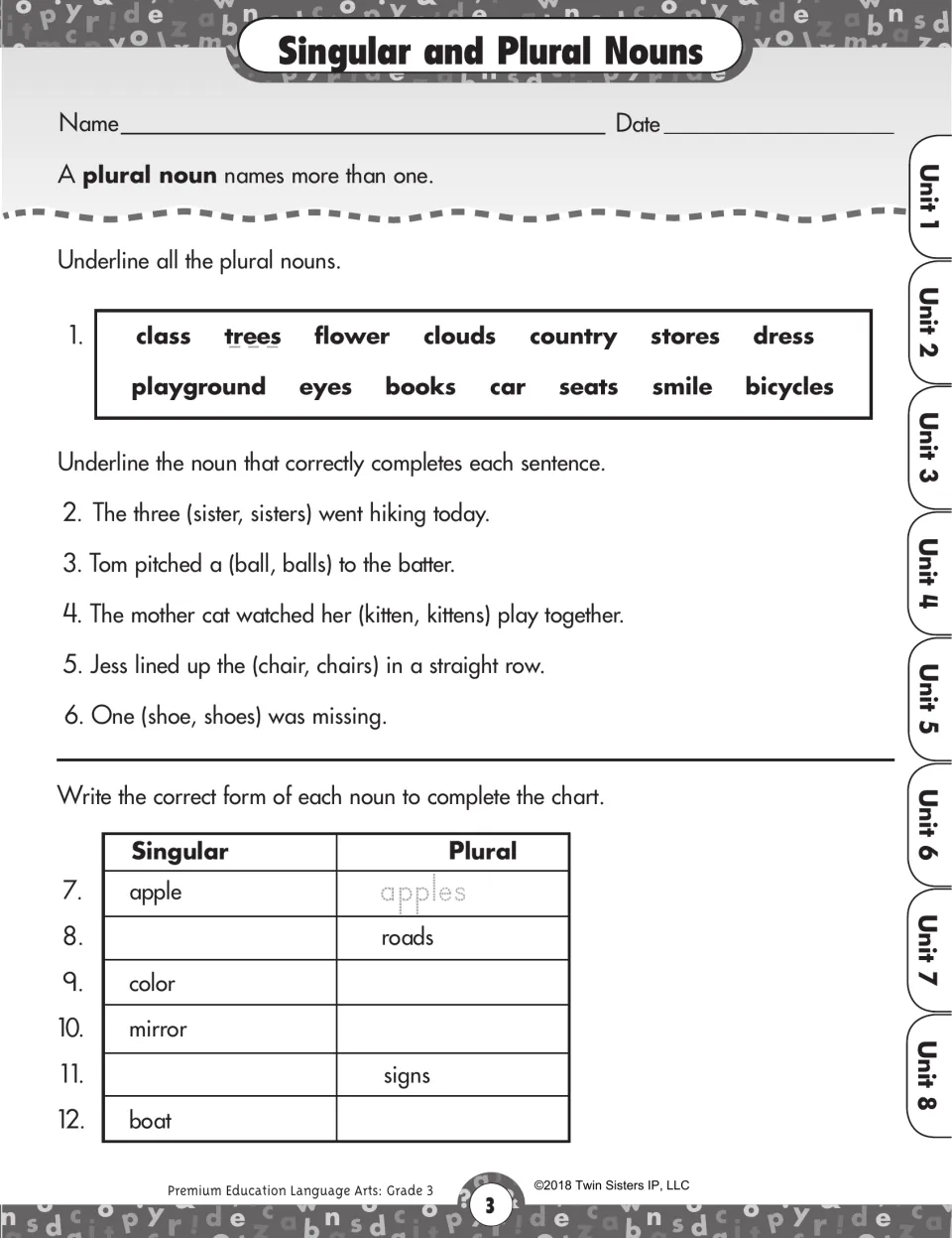 Singular and plural nouns: students underline plurals in a word bank, choose plurals in sentences and complete a chart