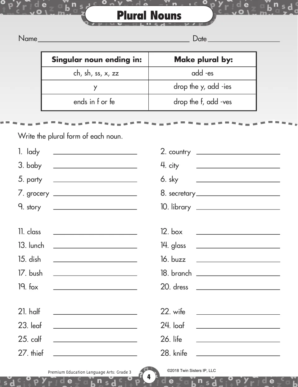 Plural noun spelling rules for -es, -ies and -ves: students write the plural of 28 nouns such as lady, box and knife