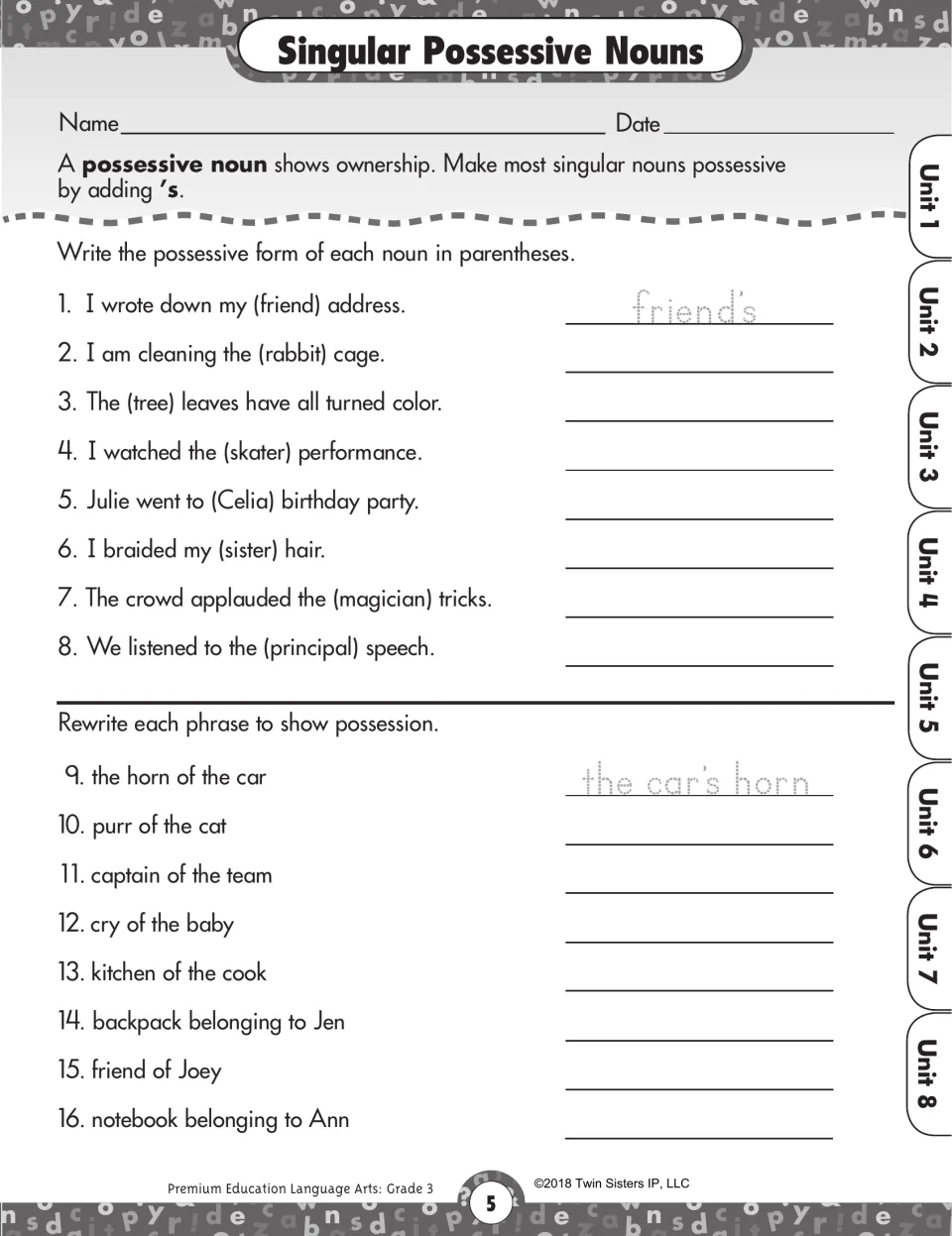 Singular possessive nouns: students add 's to nouns in sentences and rewrite phrases like 'the horn of the car'