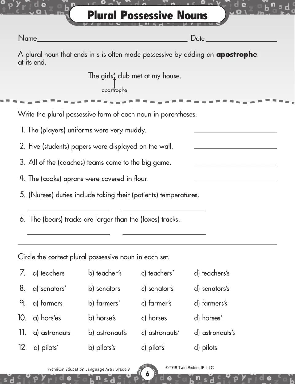Plural possessive nouns: students write forms like players' in sentences, then circle the right form in 6 sets