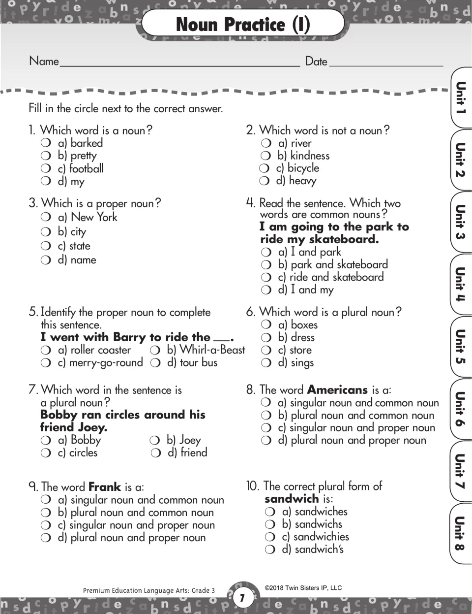 Noun Practice (I): 10 multiple-choice questions on spotting nouns, proper and common nouns, and plurals
