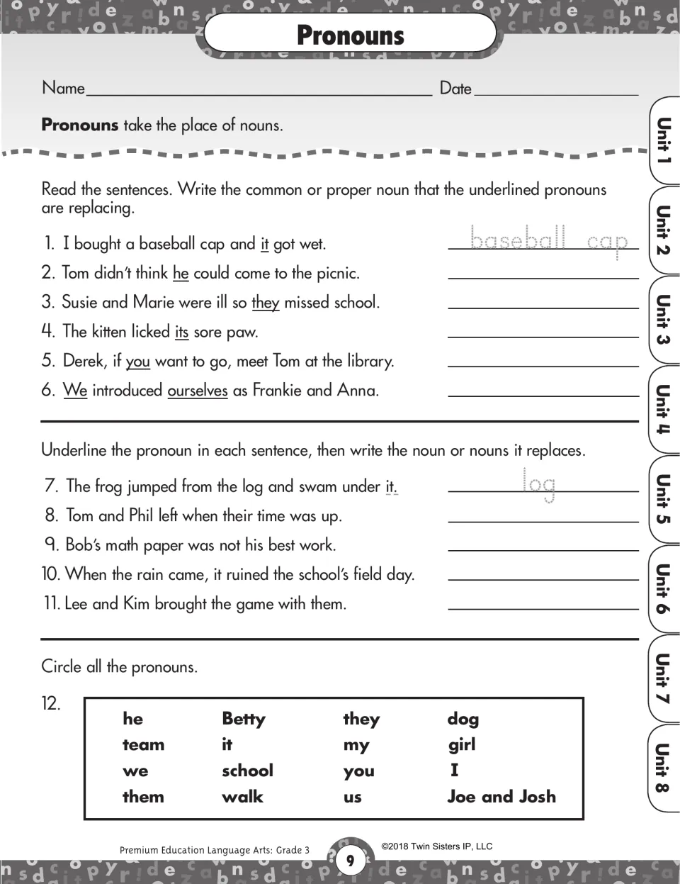 Pronouns: students write the noun each pronoun replaces in sentences, then circle all pronouns in a 16-word bank