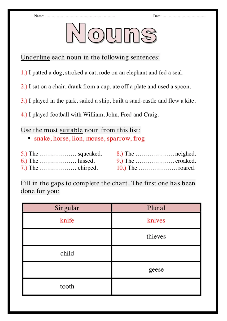 Noun practice: underline nouns in four sentences, match six animals to sounds, and complete singular/plural pairs.
