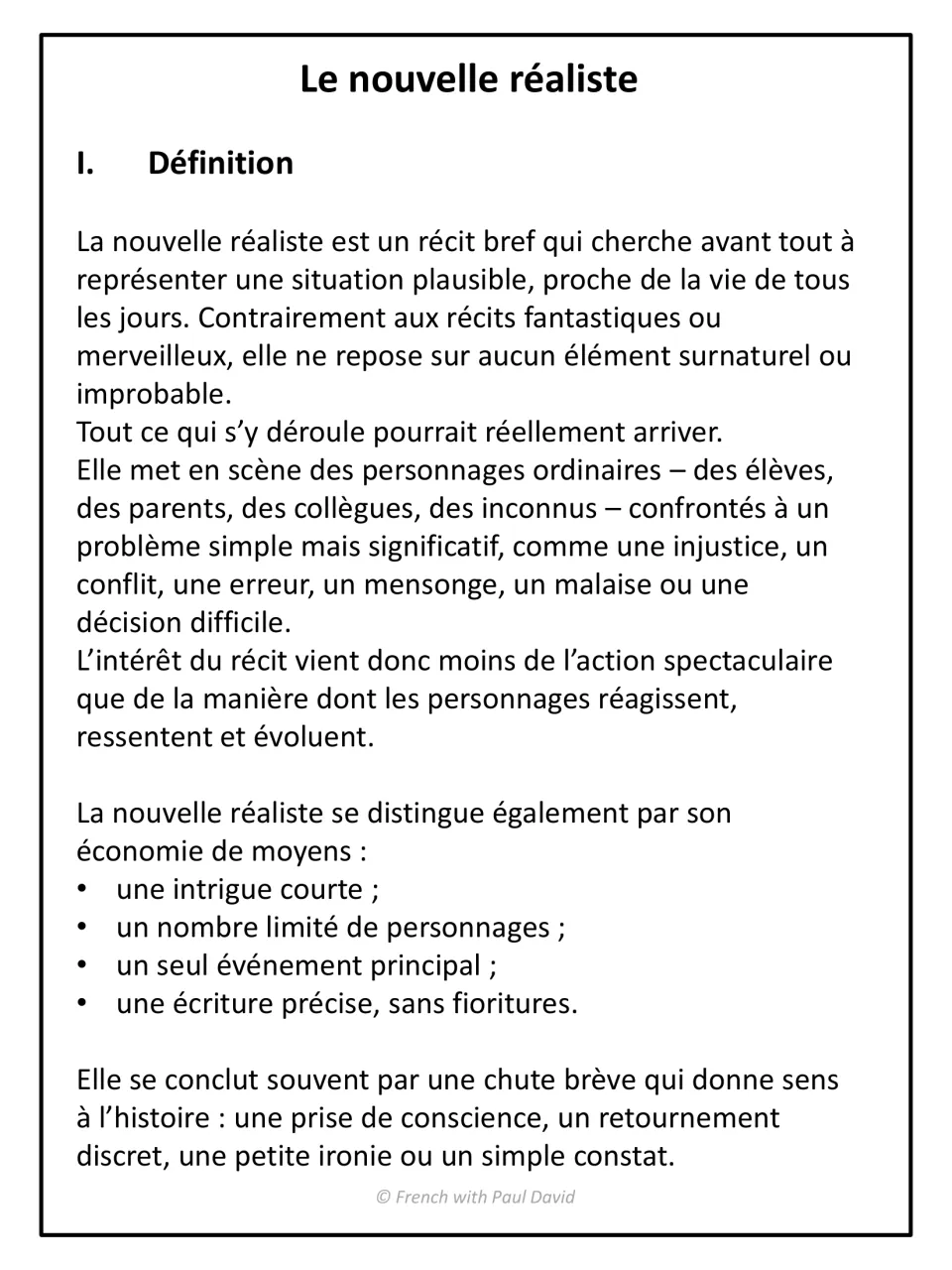 Realistic short story definition in French: students read how the genre shows plausible everyday events and ends on a chute