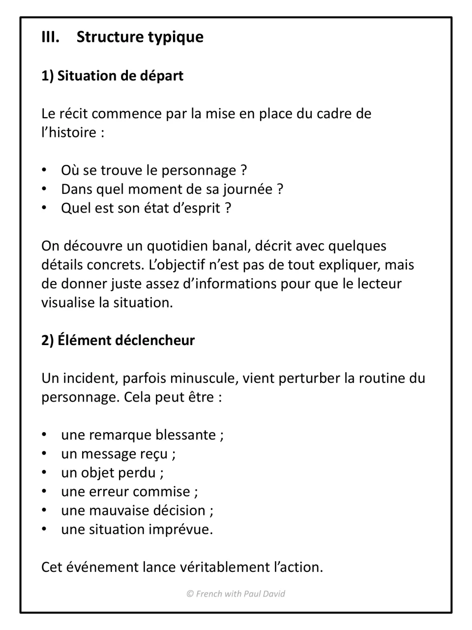Structure typique: French notes on the situation de départ and the élément déclencheur, with triggers like a hurtful remark