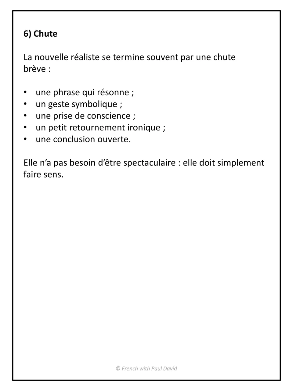 Chute of a realistic story: French note listing endings such as a resonant sentence, symbolic gesture or open conclusion