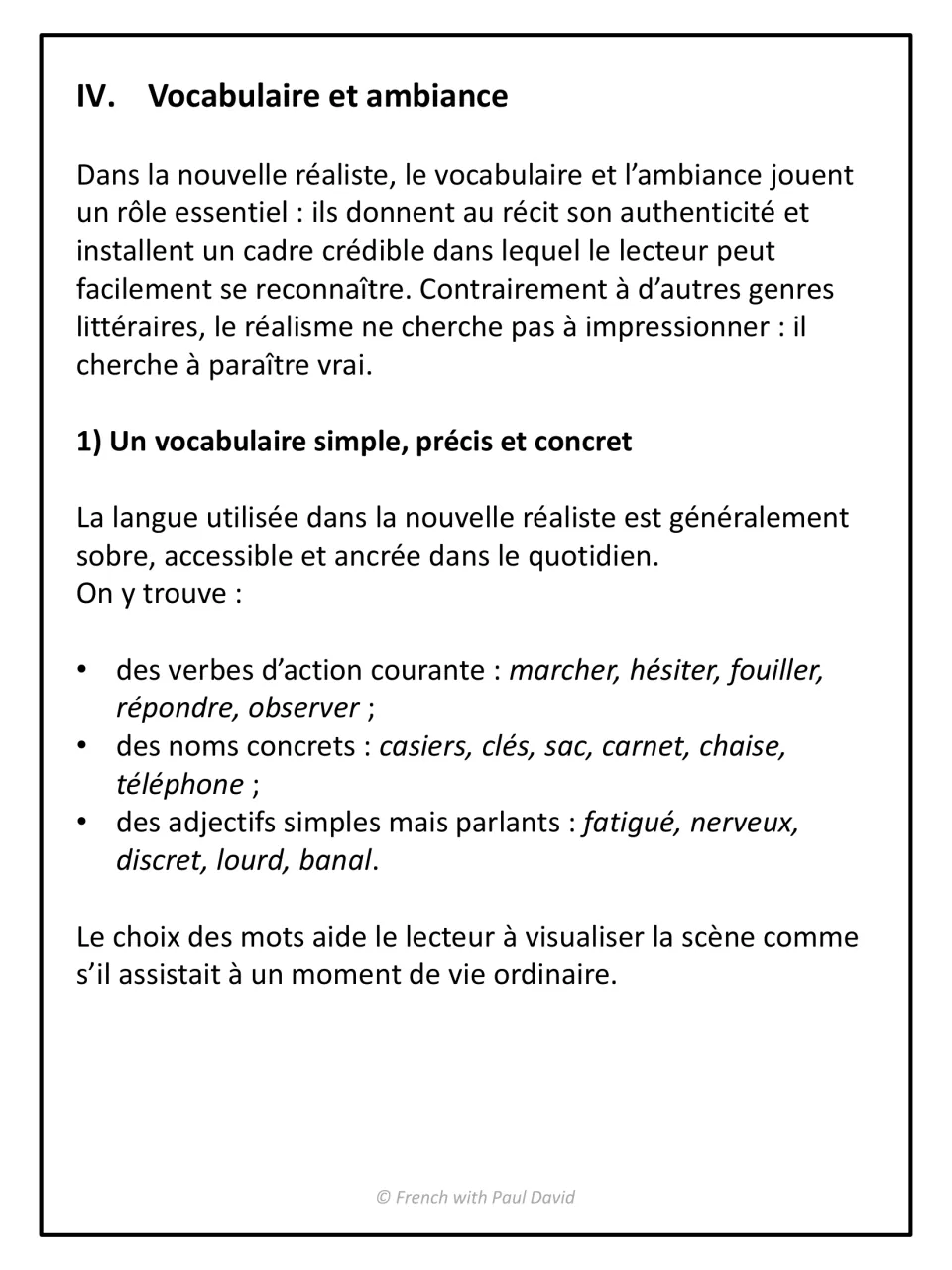Vocabulaire et ambiance: French notes with action verbs, concrete nouns and simple adjectives like fatigué and nerveux