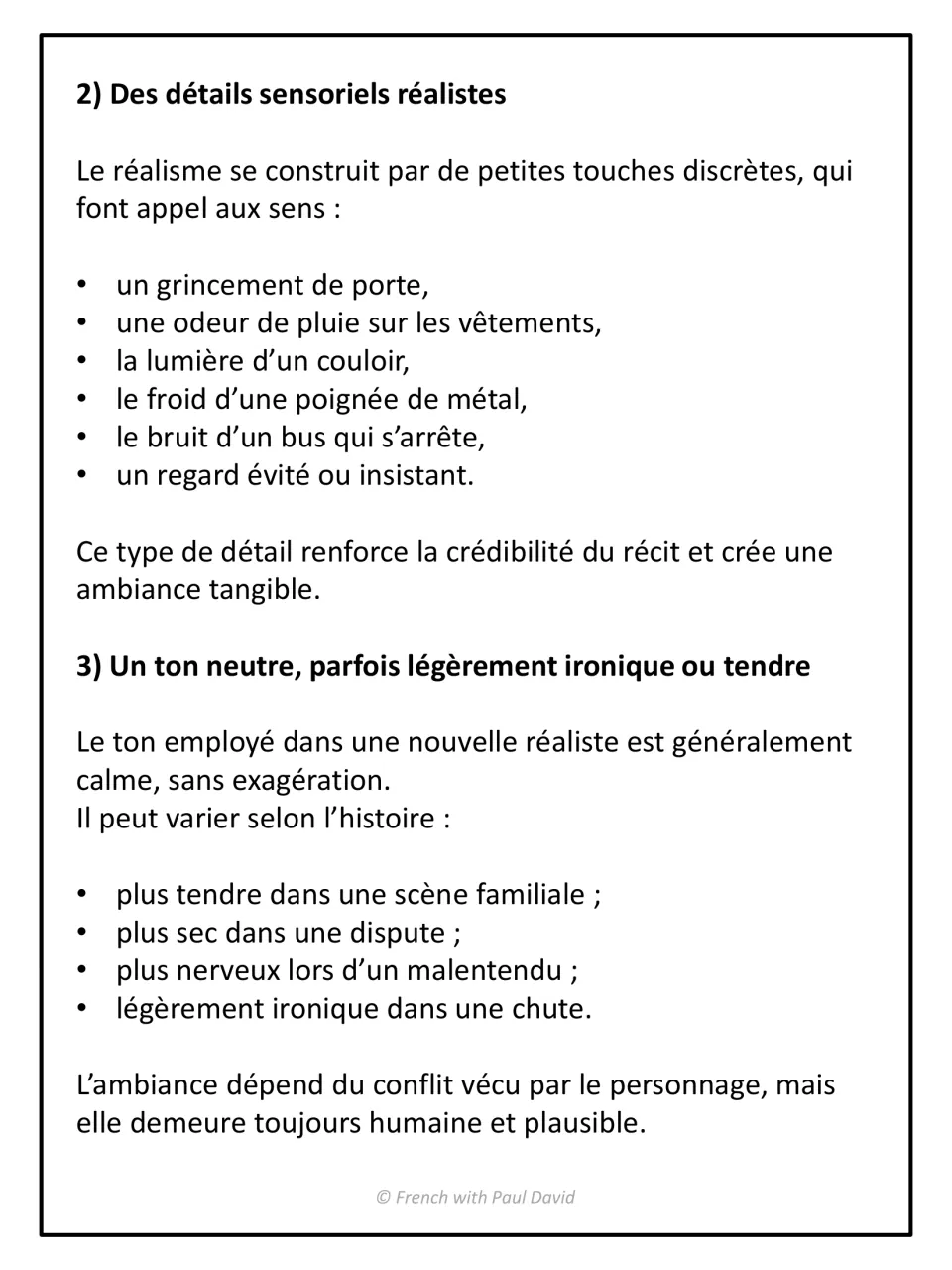 Sensory details and tone: French notes with examples like a creaking door or smell of rain, and how tone shifts by scene
