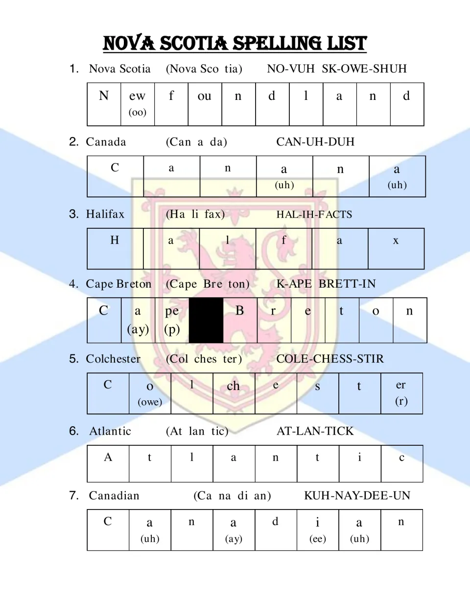 Spelling entries 1–7: Nova Scotia, Canada, Halifax, Cape Breton and three more, with pronunciation guides