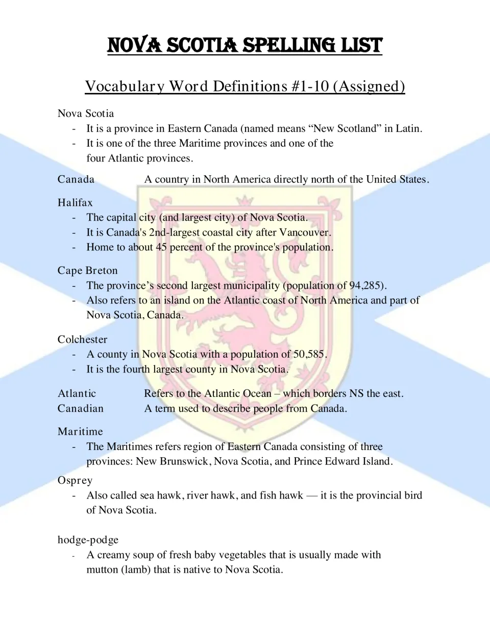 Definitions for assigned spelling words 1–10, covering Nova Scotia places, regional terms, osprey and hodge-podge