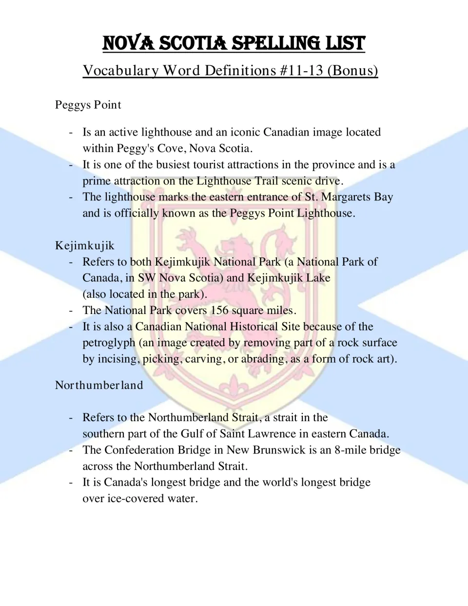 Definitions for bonus spelling words 11–13: Peggys Point, Kejimkujik and Northumberland, with geographic facts