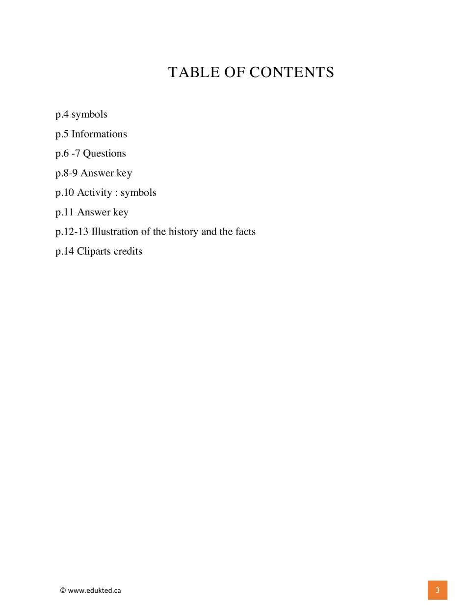 Table of contents lists symbols, information, questions, answer keys, illustration tasks, and art credits