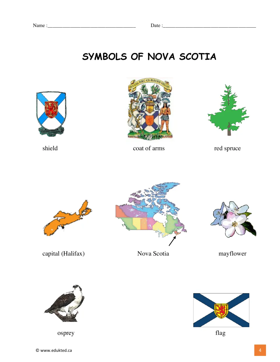 Provincial symbols reference labels the shield, coat of arms, red spruce, Halifax, mayflower, osprey, and flag