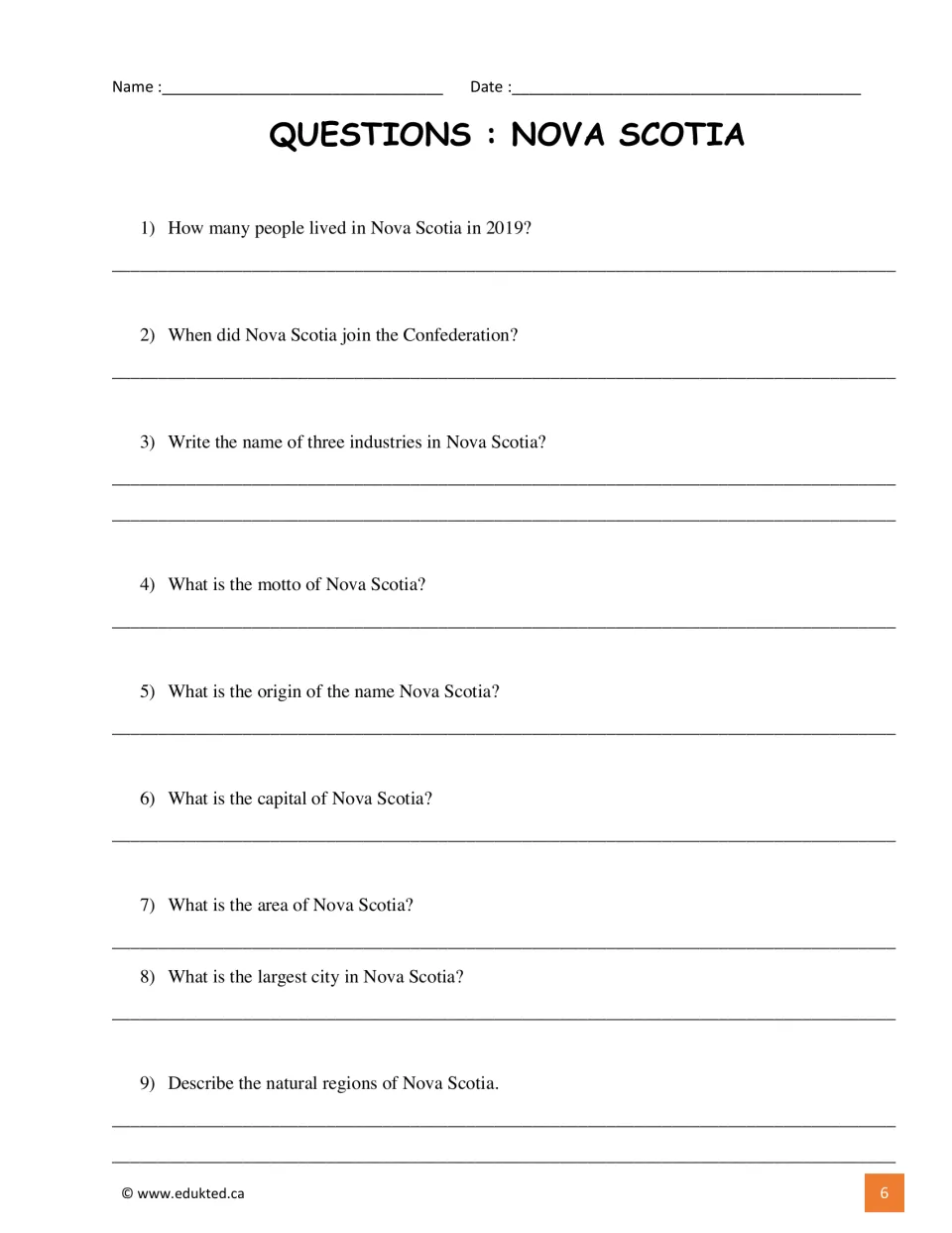 Questions 1–9 ask about population, Confederation, industries, motto, name, capital, area, city, and regions