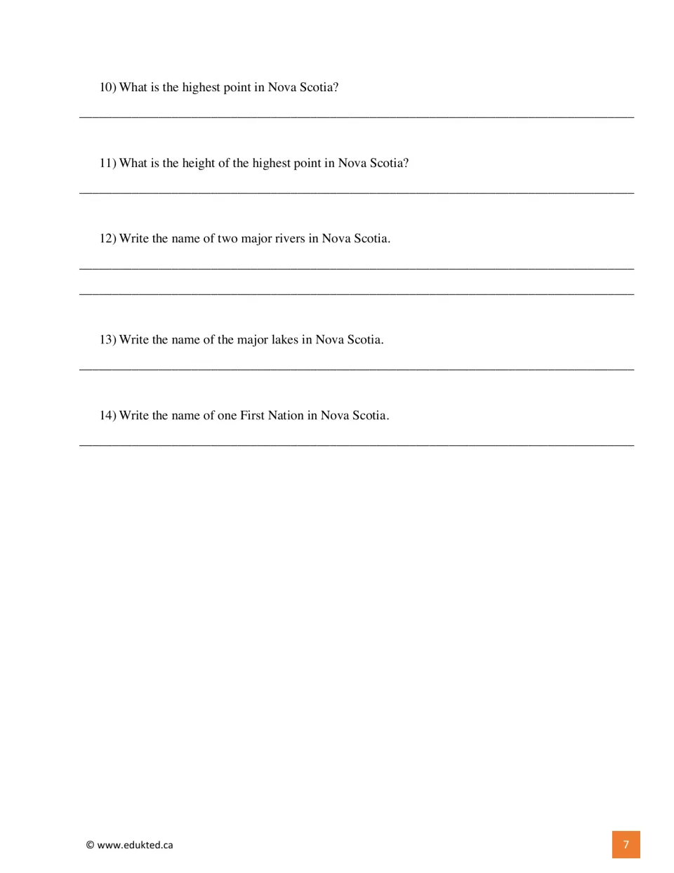 Questions 10–14 ask for the highest point and its height, two major rivers, major lakes, and one First Nation
