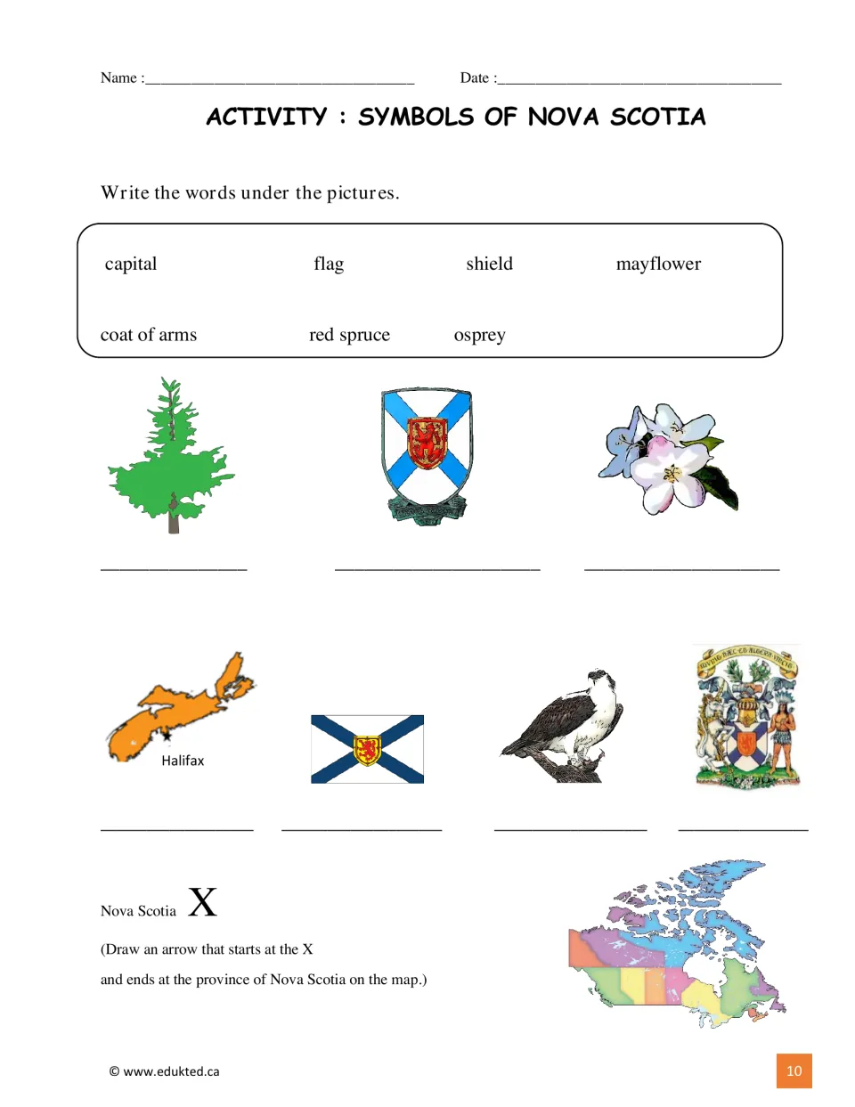 Symbol activity asks students to label seven pictures using a word bank and locate the province on a Canada map