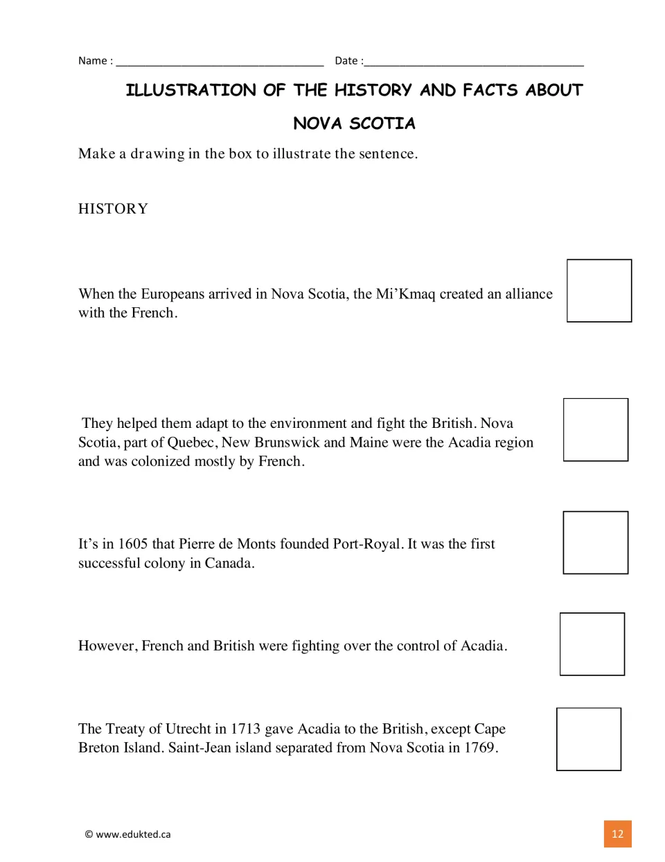 History illustration task asks for drawings about the Mi'kmaq alliance, Acadia, Port-Royal, and British control