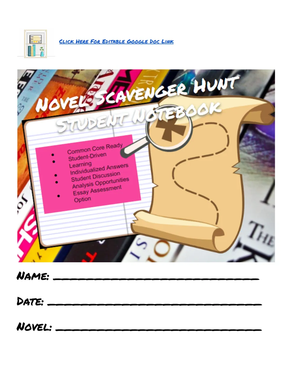 Novel Scavenger Hunt Student Notebook cover listing discussion, analysis and essay option, with name, date and novel blanks