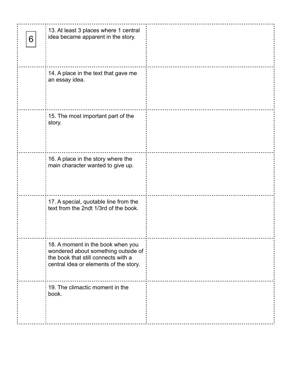Element hunt items 13-19: students locate a central idea 3 times, an essay idea, a moment of giving up and the climax