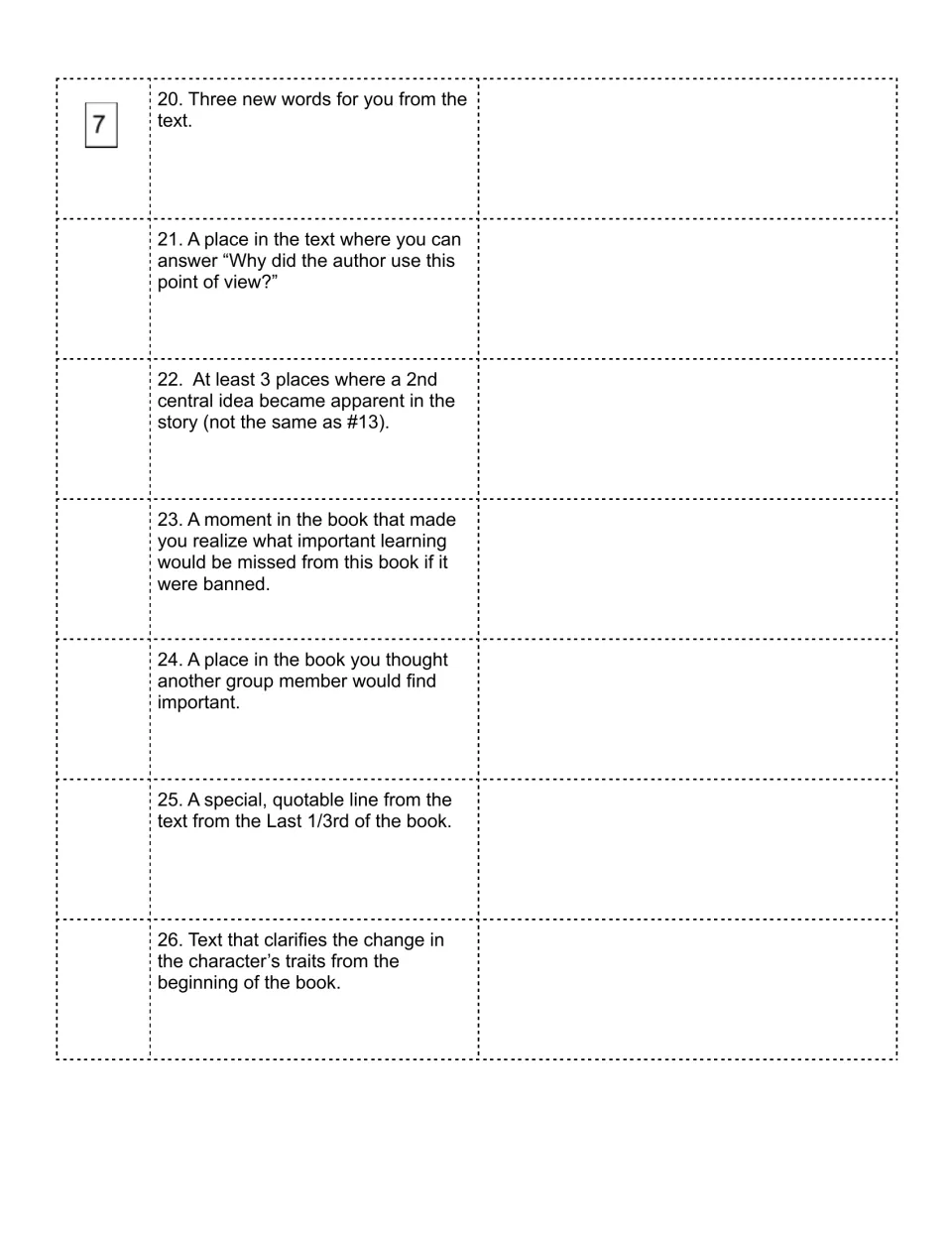 Hunt items 20-26: students record vocabulary, point of view, a 2nd central idea, banned-book learning and character change