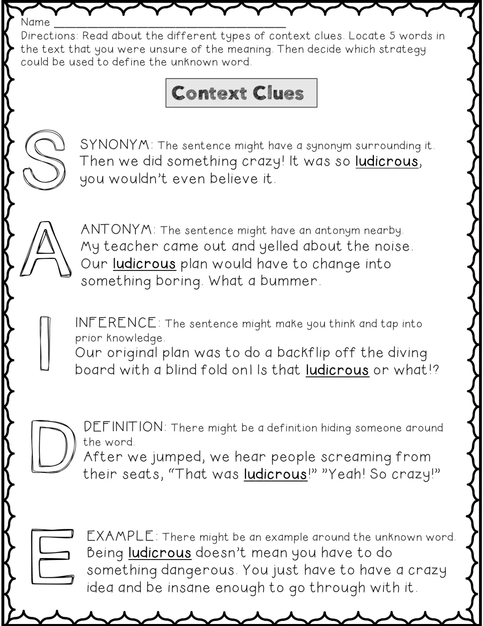 Context clues SAIDE model: five sentences use ludicrous to show synonym, antonym, inference, definition and example clues