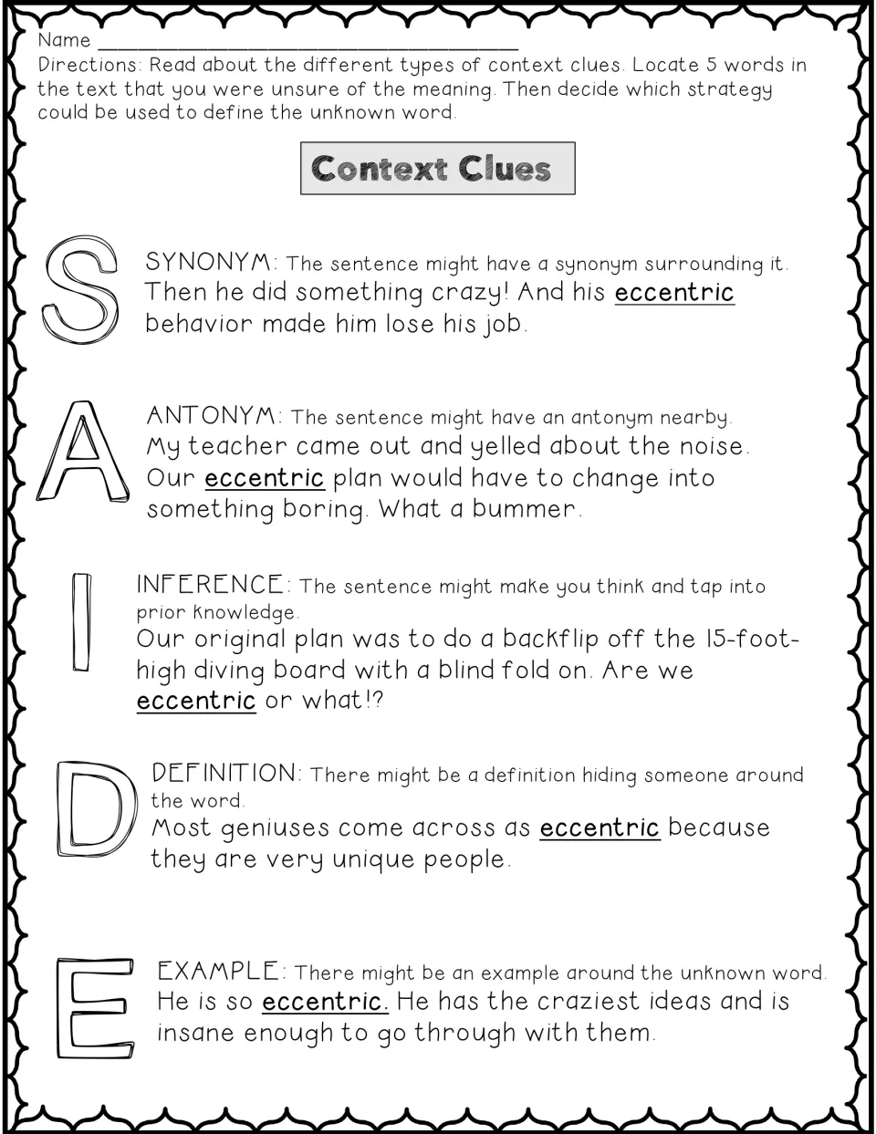 Context clues SAIDE model with eccentric: each clue type shown in a sample sentence before students find 5 unknown words