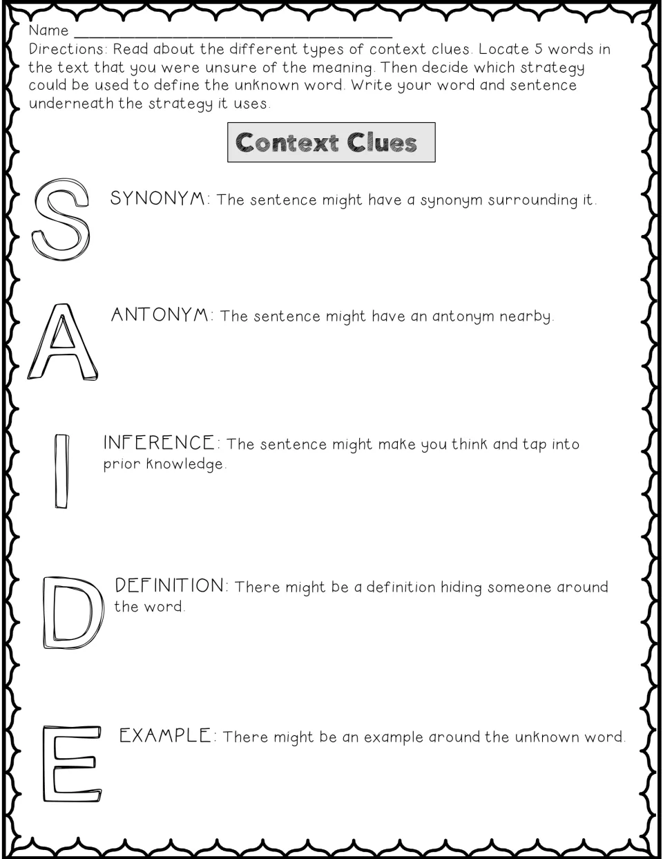 Context clues practice: students record 5 unknown words from their reading under the SAIDE clue type each sentence uses
