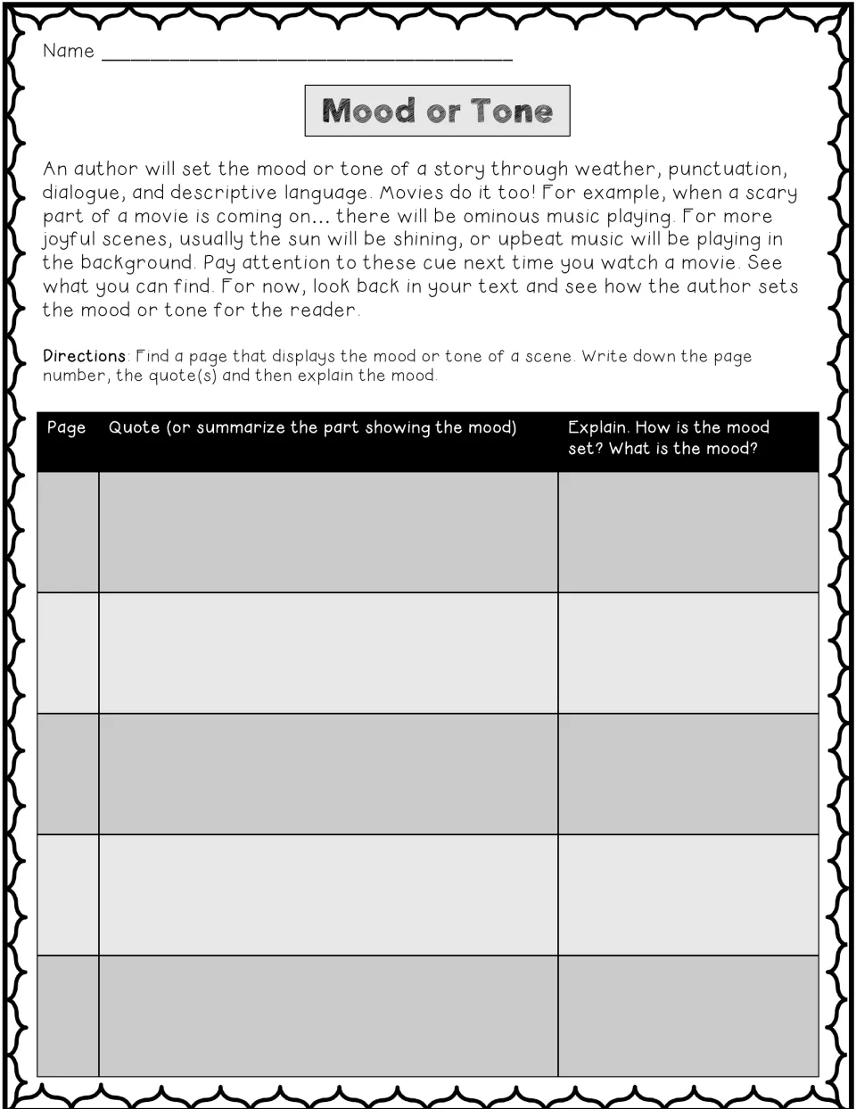 Mood or tone: after a short reading on how authors and movies set mood, students cite a page and quote and explain the mood