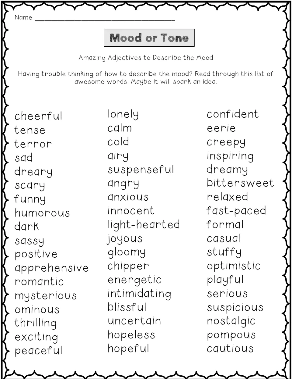 Mood or tone word bank: 54 adjectives such as eerie, bittersweet, nostalgic and ominous for describing a scene's mood