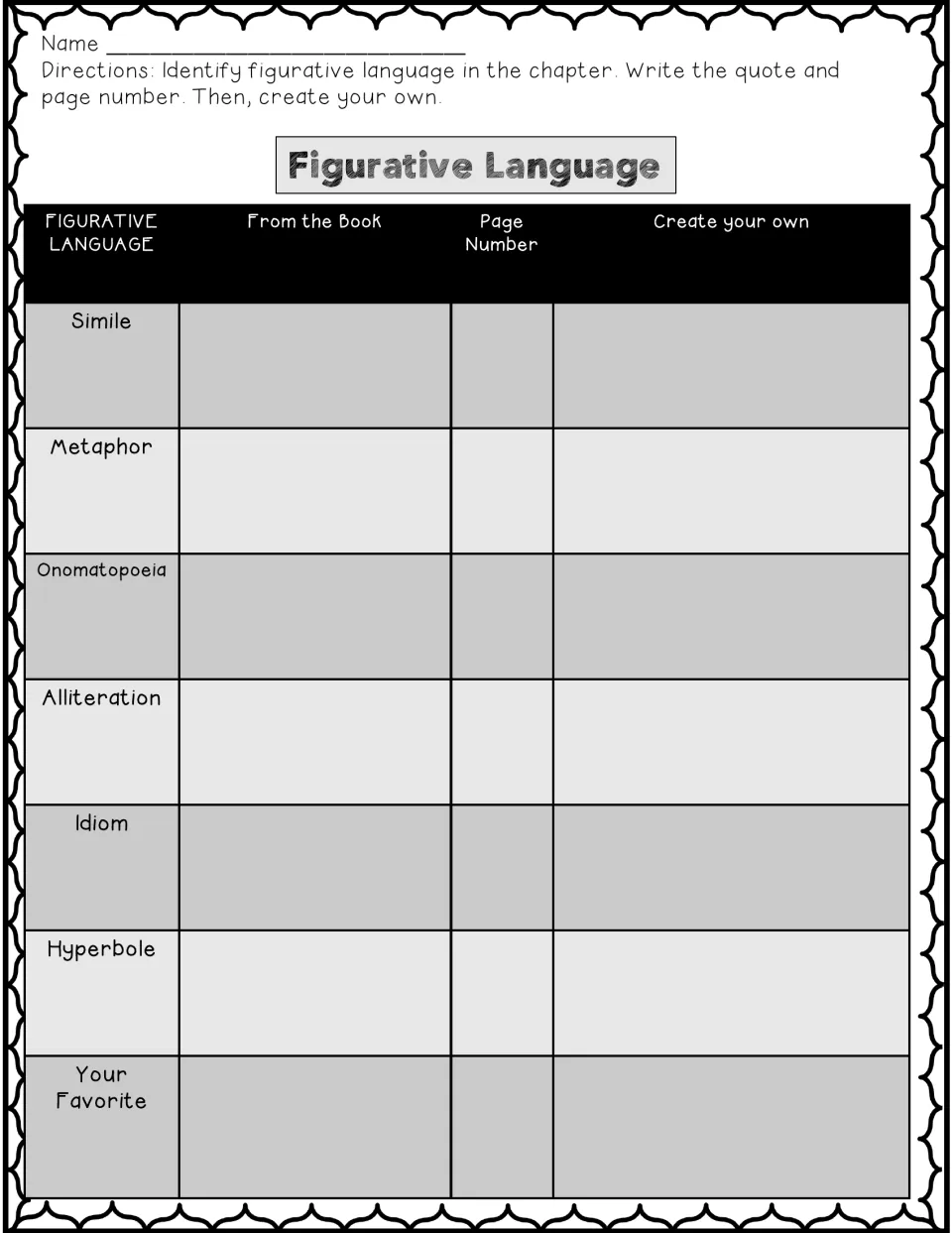 Figurative language: students find simile, metaphor, onomatopoeia, alliteration, idiom and hyperbole, then write their own