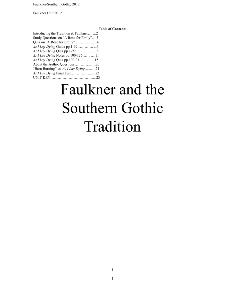 Cover and contents for a Faulkner study unit, listing Southern Gothic notes, reading guides, quizzes, and a key