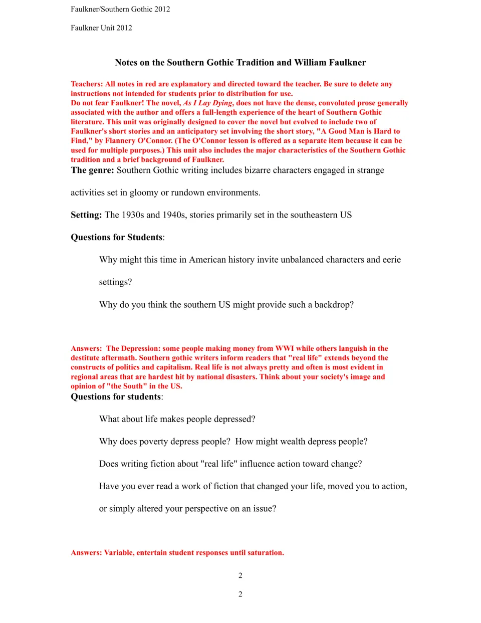 Southern Gothic introduction with teacher notes and student questions about setting, poverty, and fiction